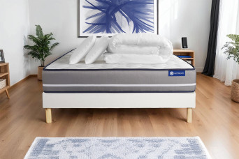Pack lit complet 180x200 cm - Matelas + Sommier Blanc (en kit) + 2 oreillers + Couette - Actilatex Pur