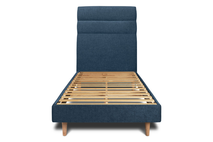 Lit 90x190 cm - Sommier à lattes H29 cm + tête de lit à lignes - Tissu Toile natté Bleu Océan