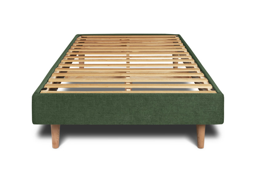 Lit 90x190 cm - Sommier à lattes H29 cm + tête de lit tapissée - Tissu Toile natté Vert Kaki