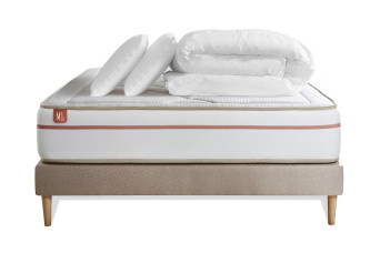 Pack lit complet 140x190 cm - Matelas + Sommier Beige + 2 oreillers + Couette - Le Paisible