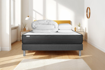 Pack lit complet 180x200 cm - Matelas + Sommier Gris (en kit) + 2 oreillers + Couette - Vitalpower