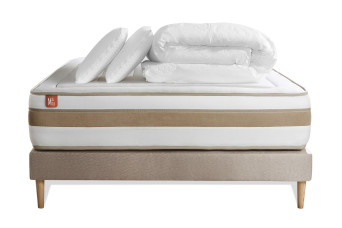 Pack lit complet 200x200 cm - Matelas + Sommier Beige (en kit) + 2 oreillers + Couette - Le Raffiné