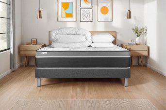 Pack lit complet 180x200 cm - Matelas + Sommier Gris (en kit) + 2 oreillers + Couette - Vital Care