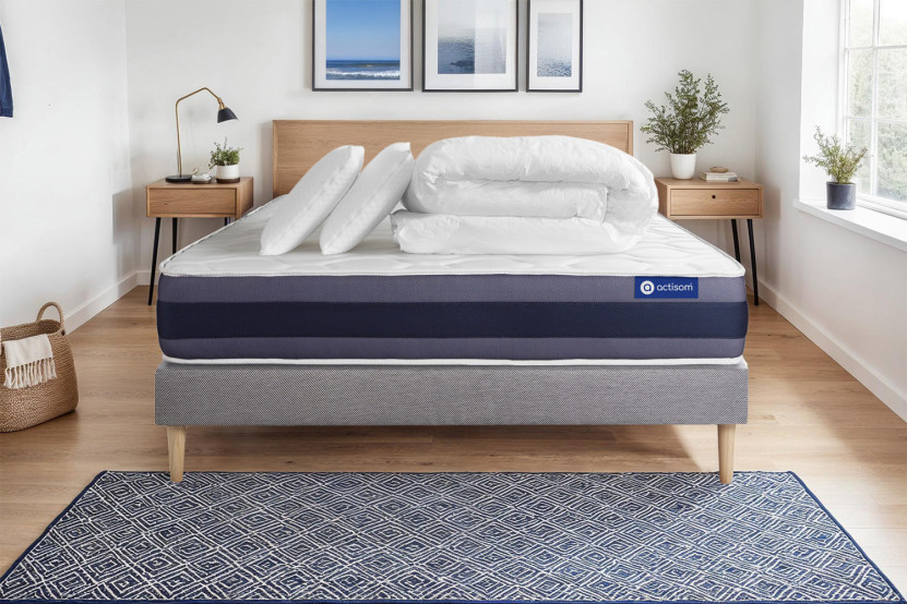 Pack lit complet 160x200 cm - Matelas + Sommier Gris (en kit) + 2 oreillers + Couette - Actiflex Morpho