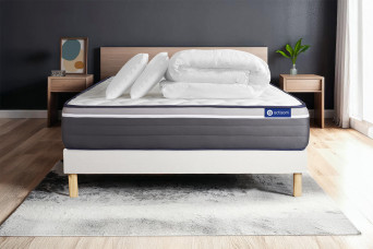 Pack lit complet 140x190 cm - Matelas + Sommier Blanc (en kit) + 2 oreillers + Couette - ActiMemo Plus