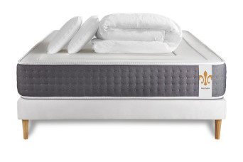 Pack lit complet 180x200 cm - Matelas + Sommier Blanc (en kit) + 2 oreillers + Couette - Vingt-Six