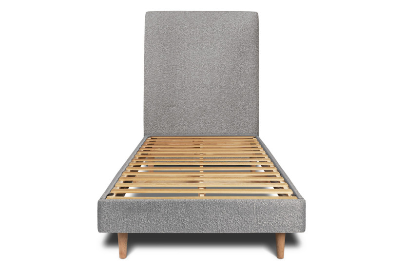 Lit 90x200 cm - Sommier à lattes H29 cm + tête de lit tapissée - Tissu Bouclette Gris