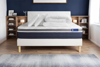 Pack lit complet 140x190 cm - Matelas + Sommier Blanc (en kit) + 2 oreillers + Couette - Actiflex Confort