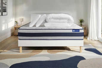 Pack lit complet 200x200 cm - Matelas + Sommier Blanc (en kit) + 2 oreillers + Couette - Actilatex Ergo