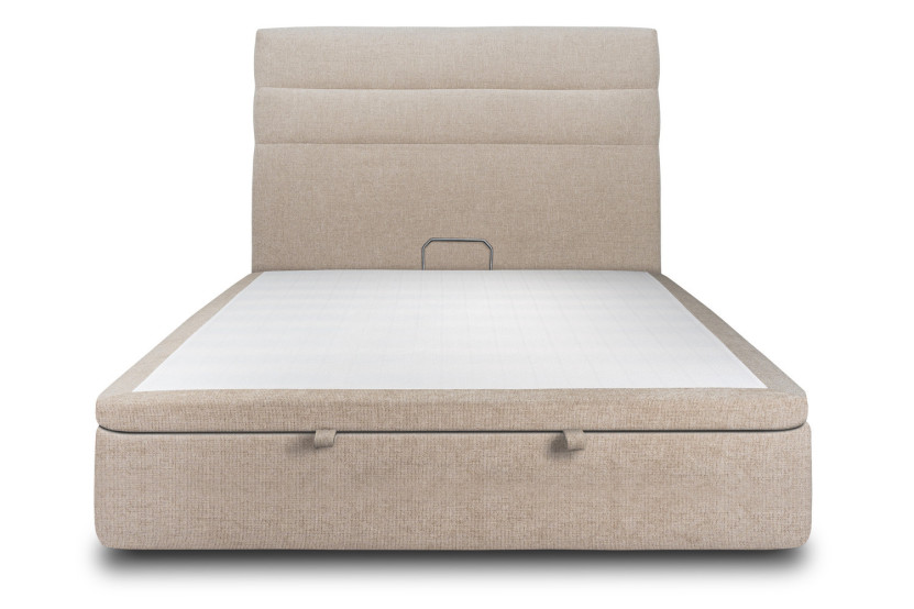 Lit coffre 180x200 cm avec Tête de lit à lignes - Tissu Toile natté Beige Brun