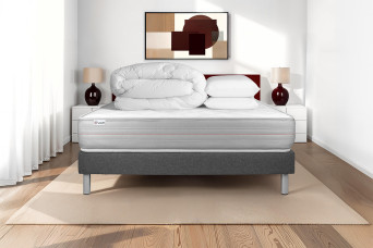 Pack lit complet 200x200 cm - Matelas + Sommier Gris (en kit) + 2 oreillers + Couette - Vitalmemo