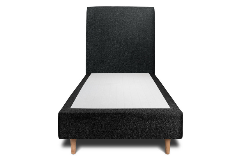 Lit 90x200 cm - Sommier tapissier H35 cm + tête de lit tapissée - Tissu Bouclette Noir