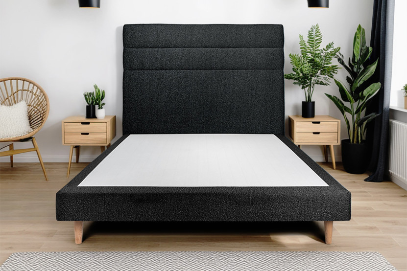 Lit 160x200 cm - Sommier tapissier H29 cm + tête de lit à lignes - Tissu Bouclette Noir