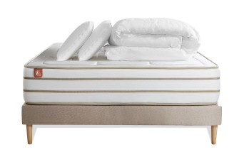 Pack lit complet 160x200 cm - Matelas + Sommier Beige + 2 oreillers + Couette - Le Douillet
