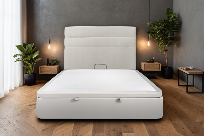 Lit coffre 180x200 cm avec Tête de lit à lignes - Tissu Velours Gris Clair