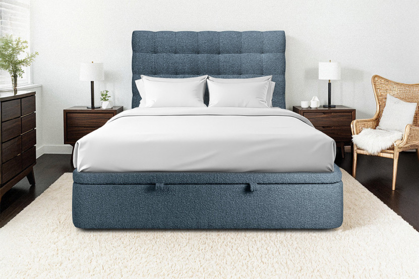 Lit coffre 160x200 cm avec Tête de lit capitonnée - Tissu Bouclette Bleu
