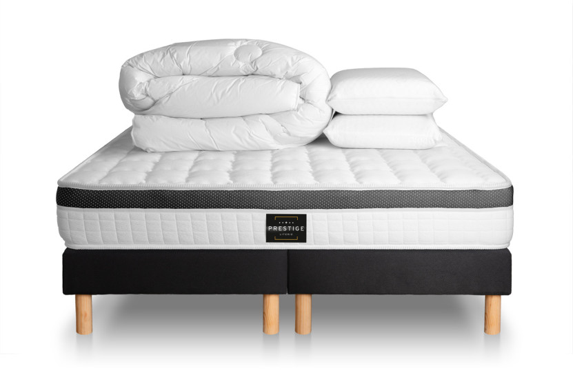 Pack lit complet 200x200 cm - Matelas + 2 Sommiers Noirs + 2 oreillers + Couette - Supérieur