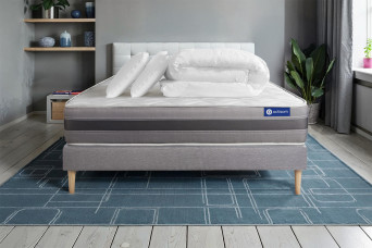 Pack lit complet 140x190 cm - Matelas + Sommier Gris (en kit) + 2 oreillers + Couette - Actilatex Relax
