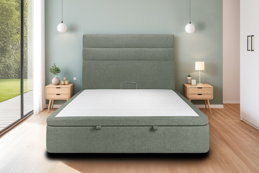 Lit coffre 180x200 cm avec Tête de lit à lignes - Tissu Toile natté Vert Kaki