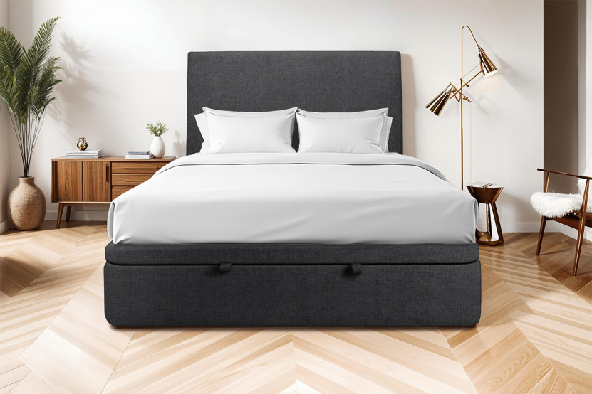 Lit coffre 180x200 cm avec Tête de lit tapissée - Tissu Toile natté Noir