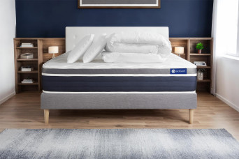 Pack lit complet 180x200 cm - Matelas + Sommier Gris (en kit) + 2 oreillers + Couette - Actimemo Confort