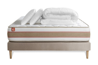 Pack lit complet 160x200 cm - Matelas + Sommier Beige + 2 oreillers + Couette - Le Délicat