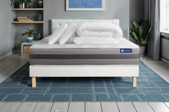 Pack lit complet 180x200 cm - Matelas + Sommier Blanc (en kit) + 2 oreillers + Couette - Actimemo Relax