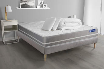 Pack lit complet 200x200 cm - Matelas + Sommier Gris (en kit) + 2 oreillers + Couette - Actimemo Touch
