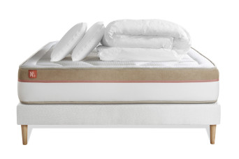 Pack lit complet 200x200 cm - Matelas + Sommier Blanc (en kit) + 2 oreillers + Couette - Le Cosy
