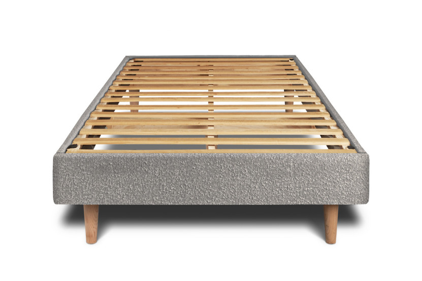 Lit 90x190 cm - Sommier à lattes H29 cm + tête de lit capitonnée - Tissu Bouclette Gris