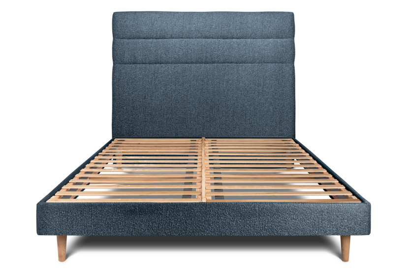Lit 140x190 cm - Sommier à lattes H29 cm + tête de lit à lignes - Tissu Bouclette Bleu