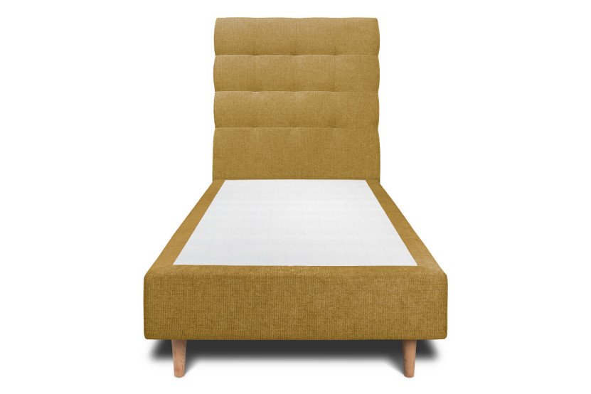 Lit 90x190 cm - Sommier tapissier H35 cm + tête de lit capitonnée - Tissu Toile natté Jaune