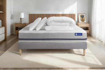 Pack lit complet 200x200 cm - Matelas + Sommier Gris (en kit) + 2 oreillers + Couette - Actilatex Soft