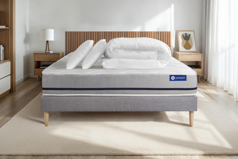 Pack lit complet 200x200 cm - Matelas + Sommier Gris (en kit) + 2 oreillers + Couette - Actilatex Soft