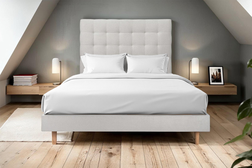 Lit 180x200 cm - Sommier à lattes H29 cm + tête de lit capitonnée - Tissu Velours Gris Clair