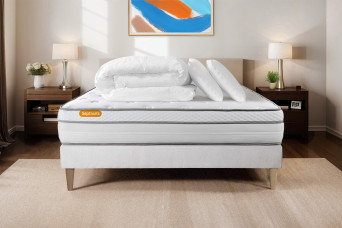 Pack lit complet 140x200 cm - Matelas + Sommier Blanc + 2 oreillers + Couette - Memo Luxe