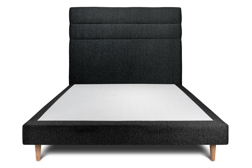 Lit 160x200 cm - Sommier tapissier H29 cm + tête de lit à lignes - Tissu Bouclette Noir