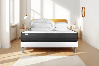 Pack lit complet 180x200 cm - Matelas + Sommier Blanc (en kit) + 2 oreillers + Couette - Vitalpower
