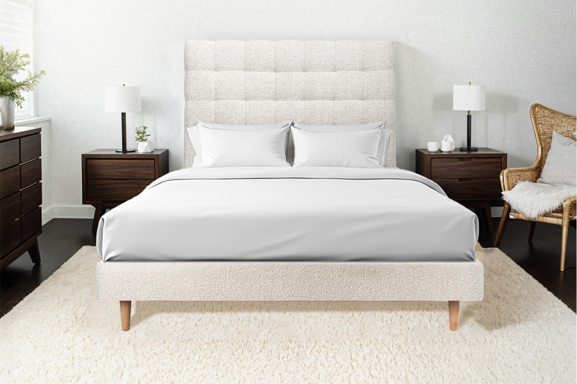 Lit 140x190 cm - Sommier tapissier H29 cm + tête de lit capitonnée - Tissu Bouclette Beige Clair