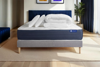 Pack lit complet 140x190 cm - Matelas + Sommier Gris (en kit) + 2 oreillers + Couette - Actimemo Sleep