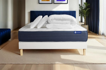 Pack lit complet 200x200 cm - Matelas + Sommier Blanc (en kit) + 2 oreillers + Couette - Actimemo Sleep