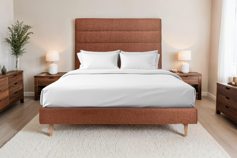 Lit 160x200 cm - Sommier tapissier H29 cm + tête de lit à lignes - Tissu Bouclette Terracotta
