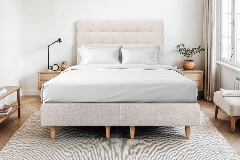 Lit 2x 90x200 cm - Sommier tapissier H35 cm + tête de lit capitonnée - Tissu Toile natté Beige Clair