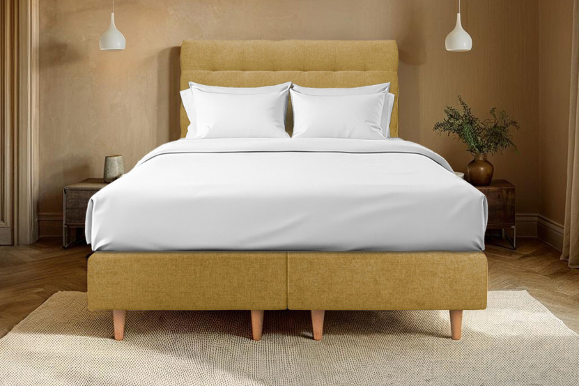 Lit 2x 90x200 cm - Sommier tapissier H35 cm + tête de lit capitonnée - Tissu Toile natté Jaune