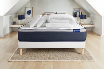 Pack lit complet 180x200 cm - Matelas + Sommier Blanc (en kit) + 2 oreillers + Couette - Actimemo Max