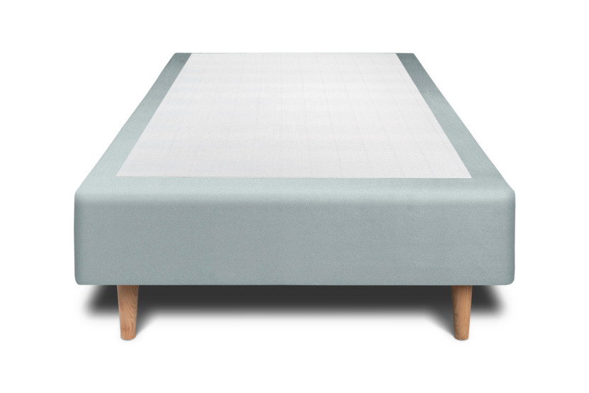 Lit 90x200 cm - Sommier tapissier H35 cm + tête de lit à lignes - Tissu Velours Gris Bleuté