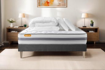 Pack lit complet 180x200 cm - Matelas + Sommier Gris (en kit) + 2 oreillers + Couette - Memo Spring