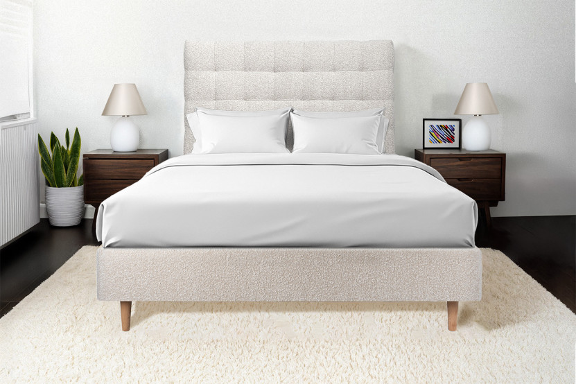 Lit 135x190 cm - Sommier tapissier H35 cm + tête de lit capitonnée - Tissu Bouclette Beige Clair
