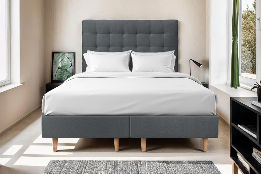 Lit 2x 90x200 cm - Sommier tapissier H35 cm + tête de lit capitonnée - Tissu Velours Gris Anthracite