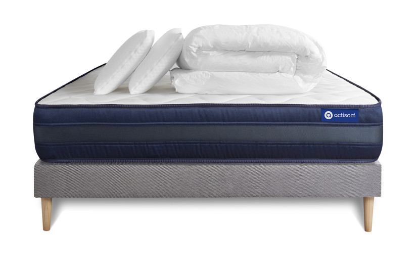 Pack lit complet 200x200 cm - Matelas + Sommier Gris (en kit) + 2 oreillers + Couette - Actilatex Tech